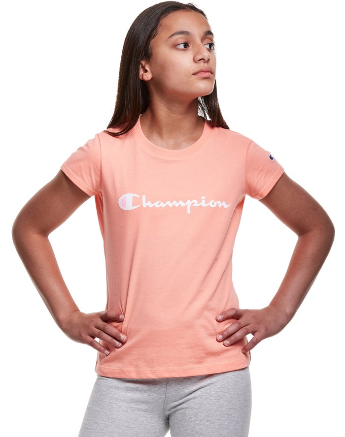 Champion Girls T-Shirt NZ - Classic Script Logo Coral ( 2560-LEYIU )